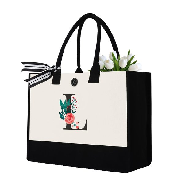 Initial Canvas Tote Bag, Personalized Birthday Gifts Mom Friends V :v - Picture 1 of 7